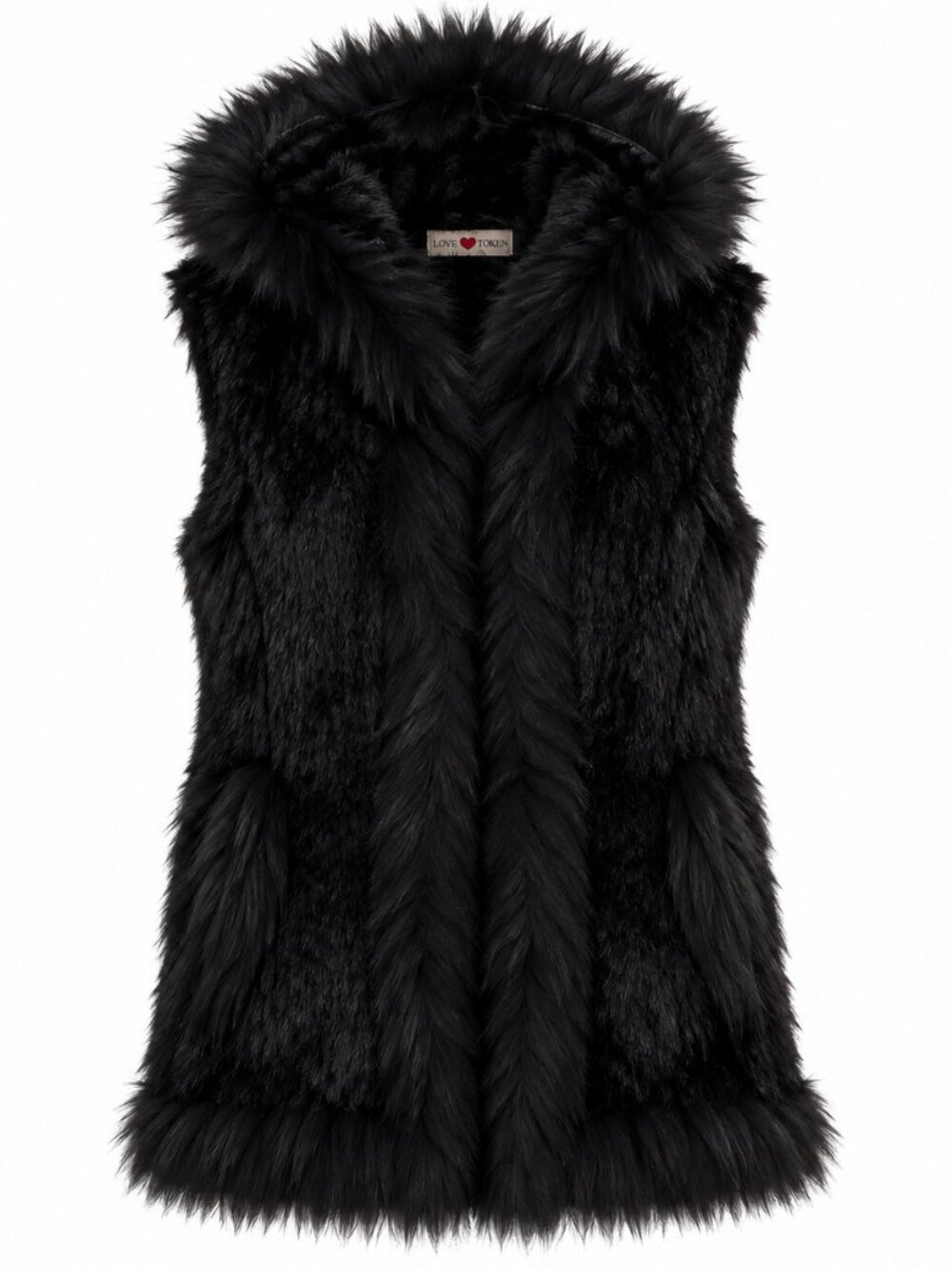 Love Token Black Rabbit Raccoon Fur Hooded Vest S